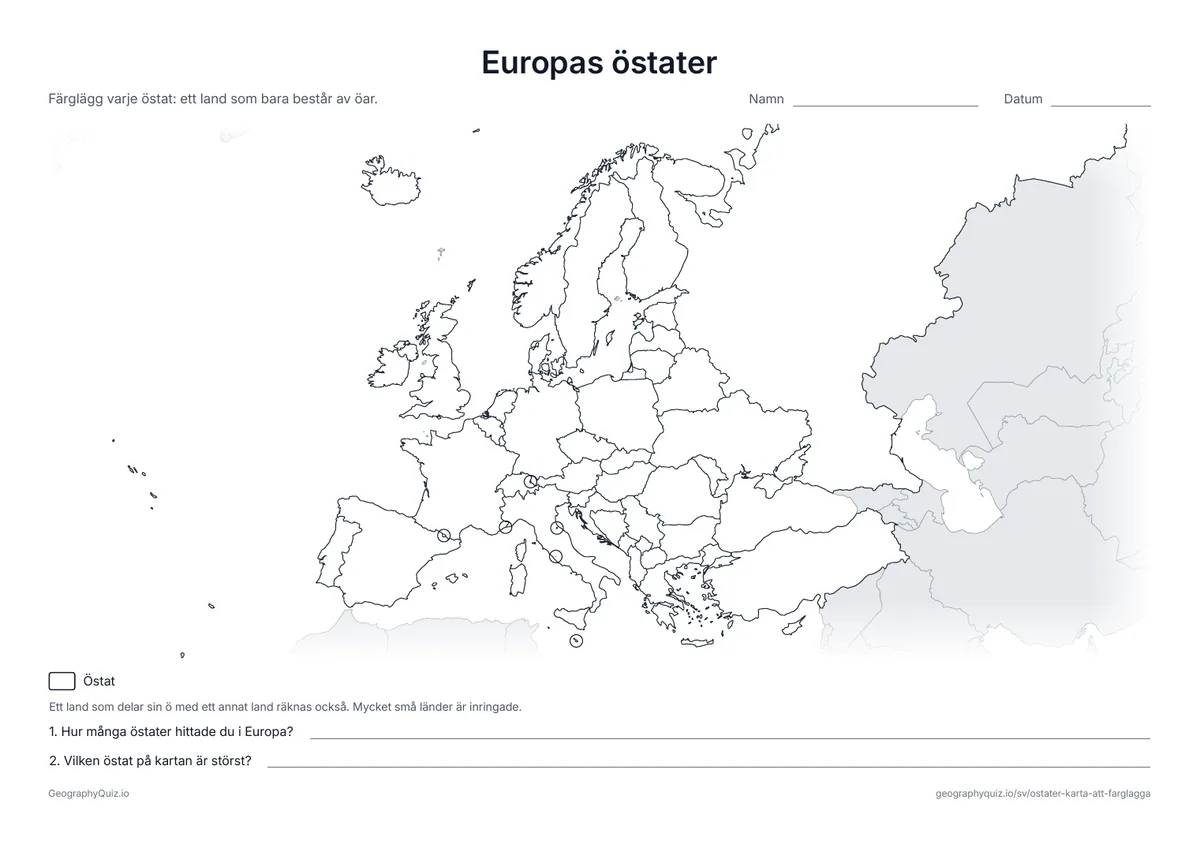 Förhandsvisning av arbetsbladet ”Europas östater” att skriva ut: En blindkarta över Europa där östaterna ska färgläggas, från Island till Cypern