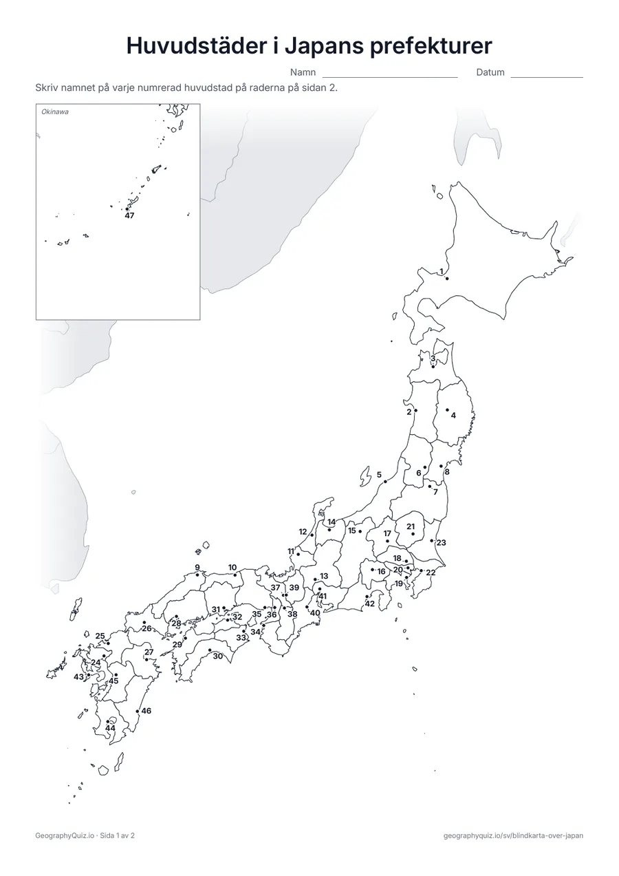 Förhandsvisning av arbetsbladet ”Huvudstäder i Japans prefekturer” att skriva ut: Varje huvudstad är markerad med en numrerad punkt