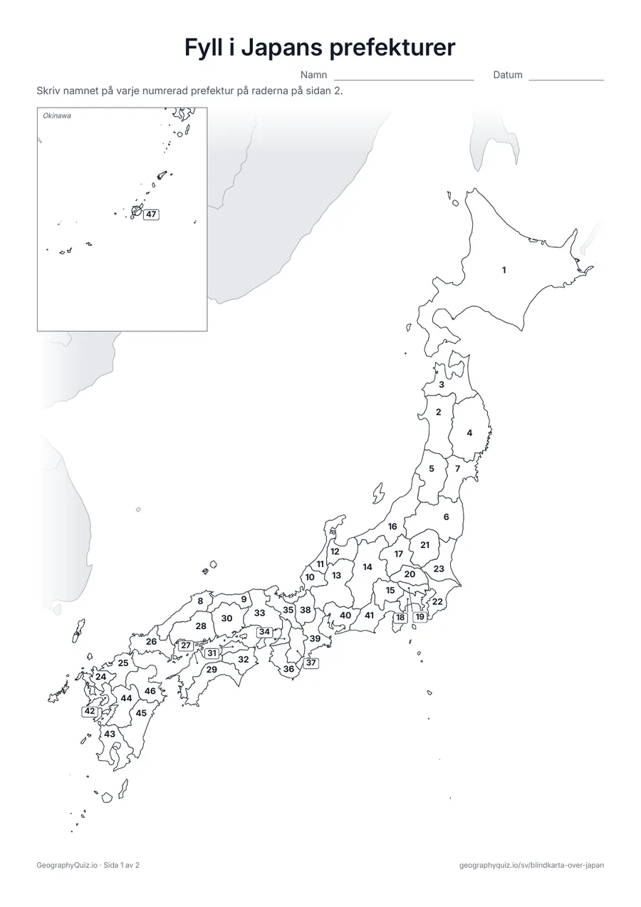 Förhandsvisning av arbetsbladet ”Fyll i Japans prefekturer” att skriva ut: Alla 47 prefekturer är numrerade