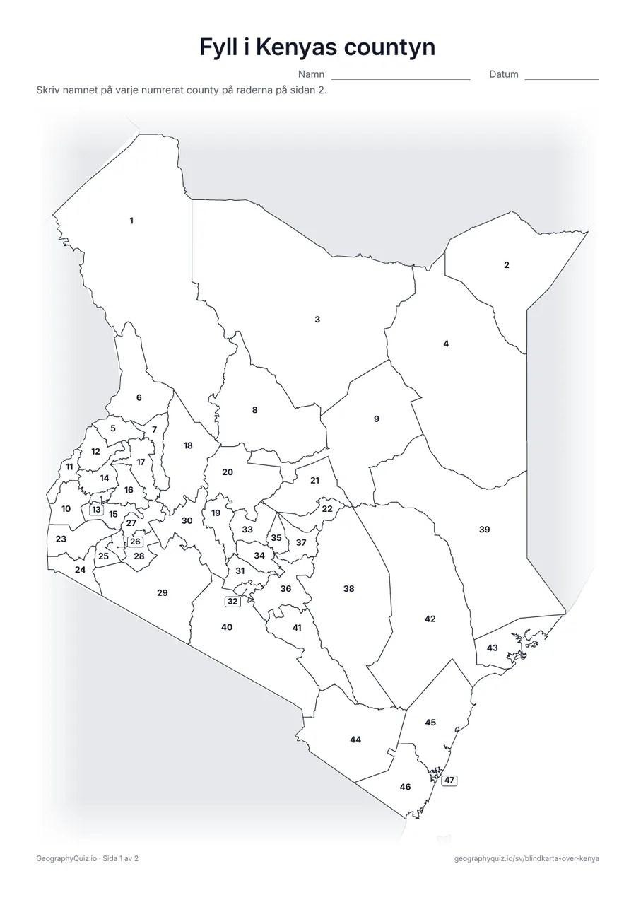 Förhandsvisning av arbetsbladet ”Fyll i Kenyas countyn” att skriva ut: Alla 47 countyn är numrerade