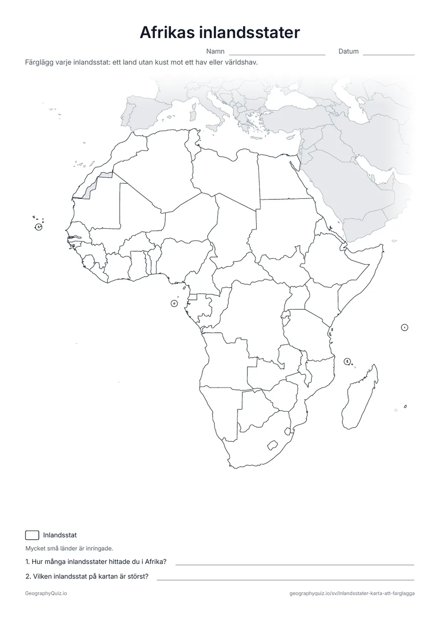 Förhandsvisning av arbetsbladet ”Afrikas inlandsstater” att skriva ut: En blindkarta över Afrika, den världsdel som har flest inlandsstater