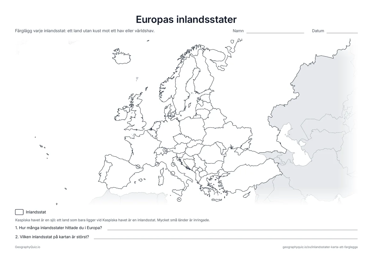 Förhandsvisning av arbetsbladet ”Europas inlandsstater” att skriva ut: En blindkarta över Europa där inlandsstaterna ska färgläggas – mikrostaterna inräknade