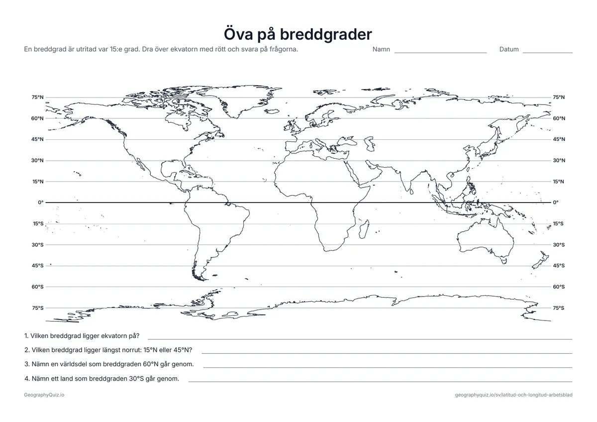 Förhandsvisning av arbetsbladet ”Öva på breddgrader” att skriva ut: En världskarta med en breddgrad var 15:e grad, utskriven i båda ändar, och fyra frågor om att läsa av den