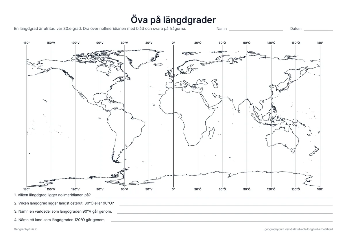 Förhandsvisning av arbetsbladet ”Öva på längdgrader” att skriva ut: En världskarta med en längdgrad var 30:e grad, utskriven upptill och nedtill, och fyra frågor om att läsa av den