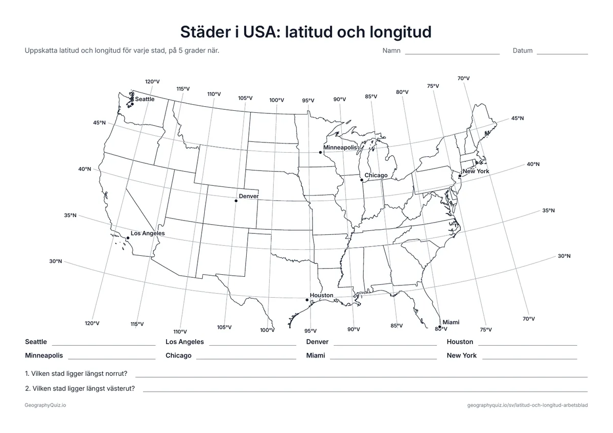 Förhandsvisning av arbetsbladet ”Städer i USA: latitud och longitud” att skriva ut: En karta över de 48 sammanhängande delstaterna med linjer var 5:e grad
