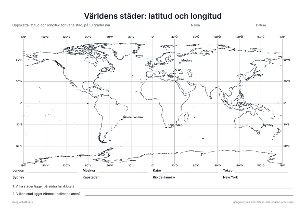Förhandsvisning av arbetsbladet ”Världens städer: latitud och longitud” att skriva ut: Åtta städer i världen i ett gradnät med 30 grader mellan linjerna