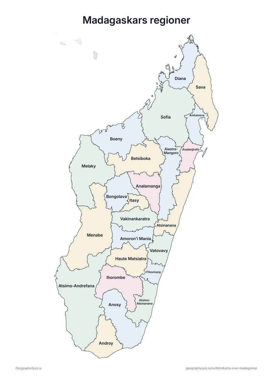 Förhandsvisning av arbetsbladet ”Madagaskars regioner” att skriva ut: En karta över Madagaskar med alla namn utskrivna – ett översiktsblad för lektionen och för att rätta svaren