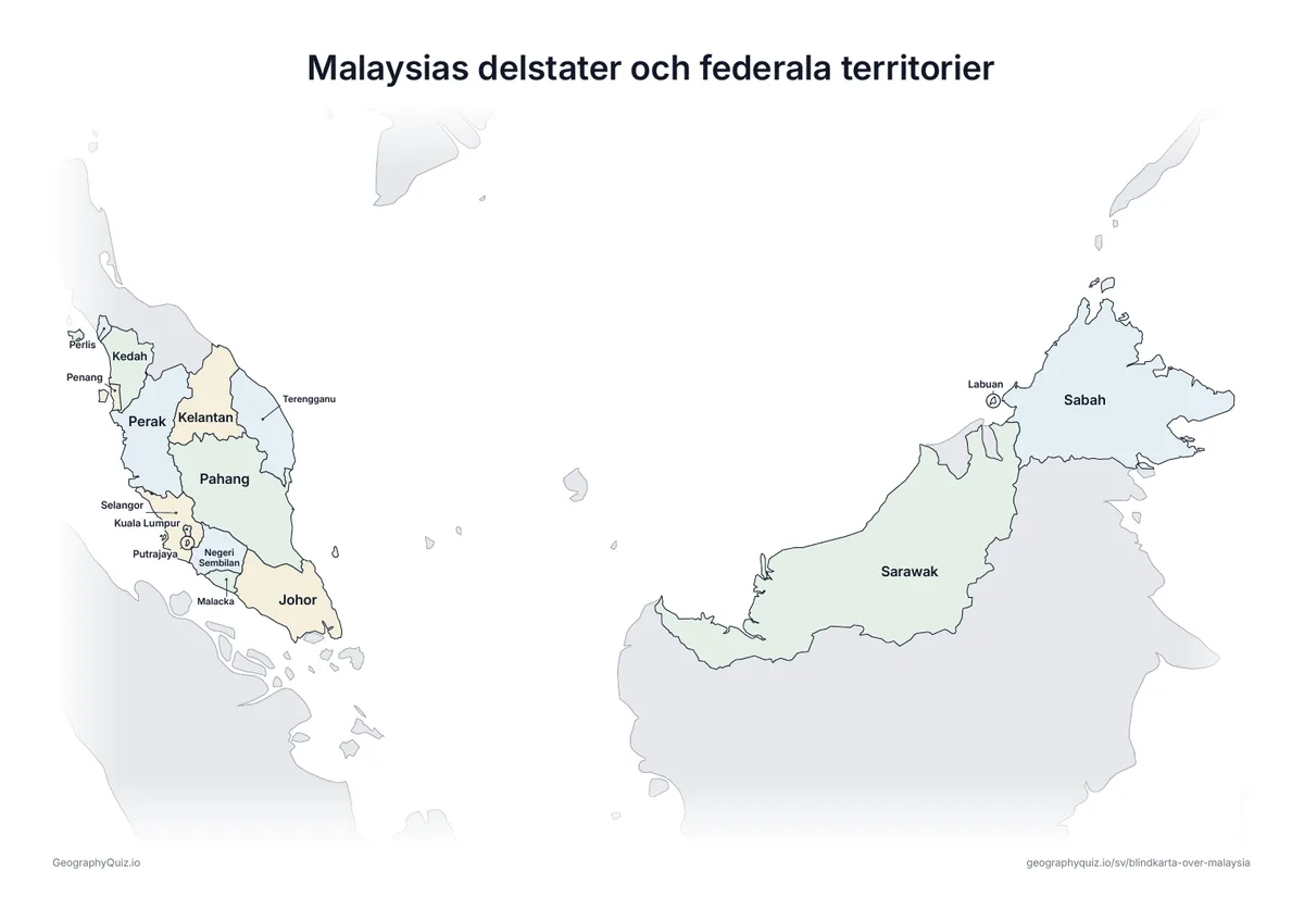 Förhandsvisning av arbetsbladet ”Malaysias delstater och federala territorier” att skriva ut: En karta över Malaysia med alla namn utskrivna – ett översiktsblad för lektionen och för att rätta svaren