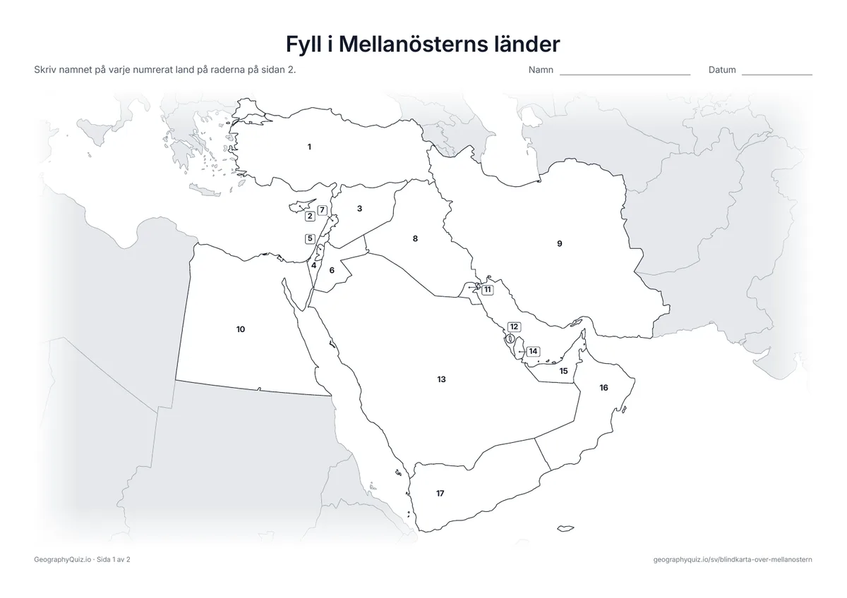 Förhandsvisning av arbetsbladet ”Fyll i Mellanösterns länder” att skriva ut: Alla 17 länder är numrerade