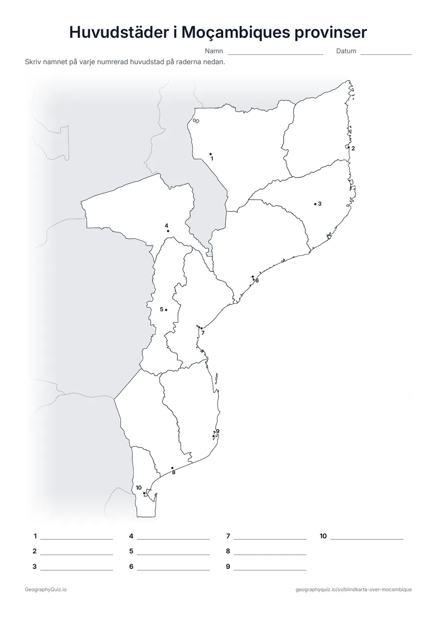 Förhandsvisning av arbetsbladet ”Huvudstäder i Moçambiques provinser” att skriva ut: Huvudstaden i var och en av de tio provinserna är markerad med en numrerad punkt, från Pemba till Matola