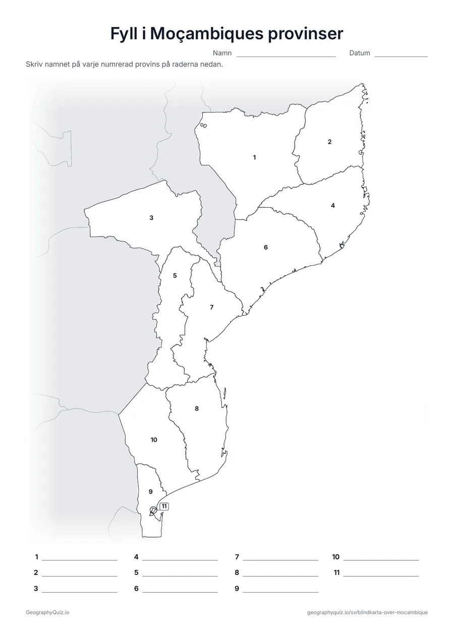 Förhandsvisning av arbetsbladet ”Fyll i Moçambiques provinser” att skriva ut: Alla 10 provinser och staden Maputo är numrerade