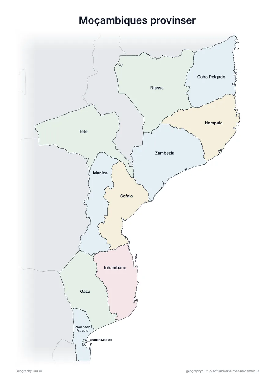 Förhandsvisning av arbetsbladet ”Moçambiques provinser” att skriva ut: En karta över Moçambique med alla namn utskrivna – ett översiktsblad för lektionen och för att rätta svaren