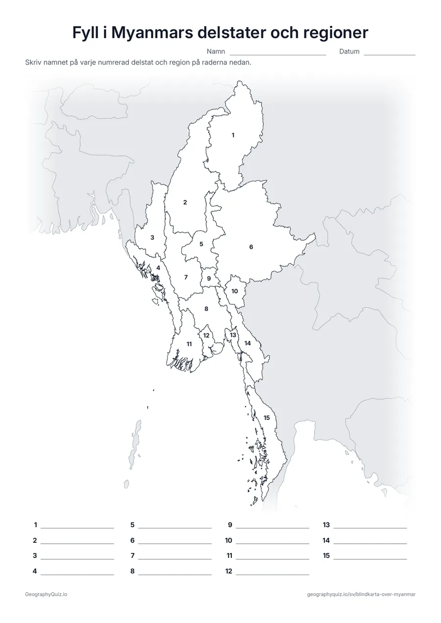 Förhandsvisning av arbetsbladet ”Fyll i Myanmars delstater och regioner” att skriva ut: Alla 7 delstater, 7 regioner och unionsterritoriet Naypyidaw är numrerade