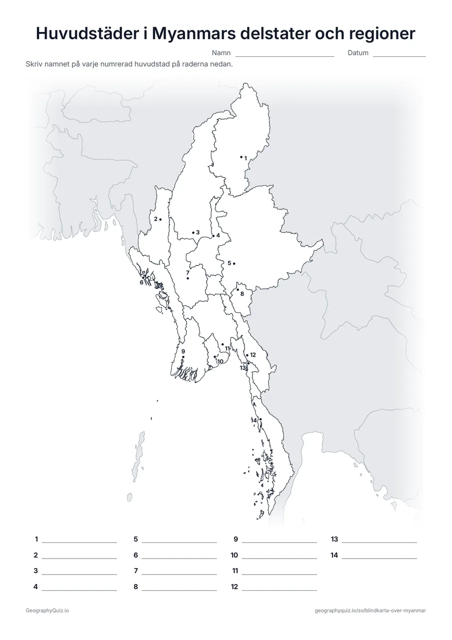 Förhandsvisning av arbetsbladet ”Huvudstäder i Myanmars delstater och regioner” att skriva ut: Huvudstaden i varje delstat och region är markerad med en numrerad punkt, från Myitkyina till Dawei