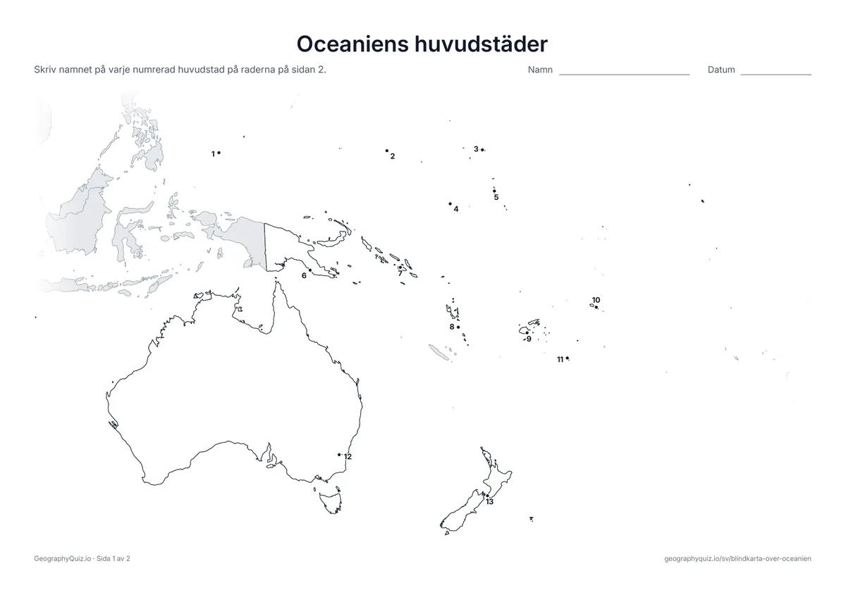 Förhandsvisning av arbetsbladet ”Oceaniens huvudstäder” att skriva ut: Varje huvudstad är markerad med en numrerad punkt