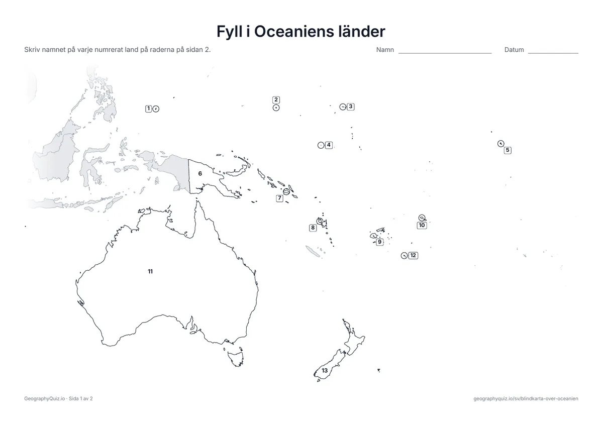 Förhandsvisning av arbetsbladet ”Fyll i Oceaniens länder” att skriva ut: Varje land i Oceanien har ett nummer