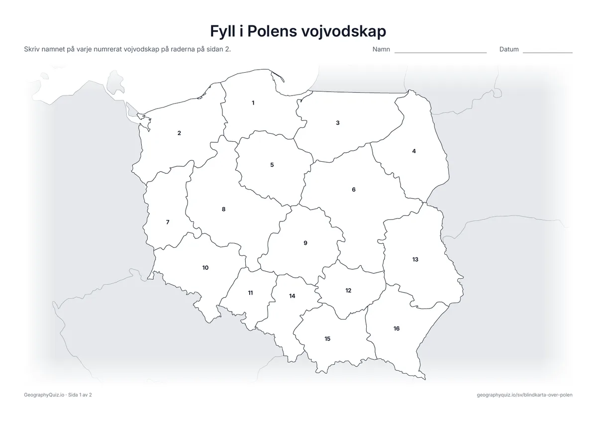 Förhandsvisning av arbetsbladet ”Fyll i Polens vojvodskap” att skriva ut: Alla 16 vojvodskap är numrerade