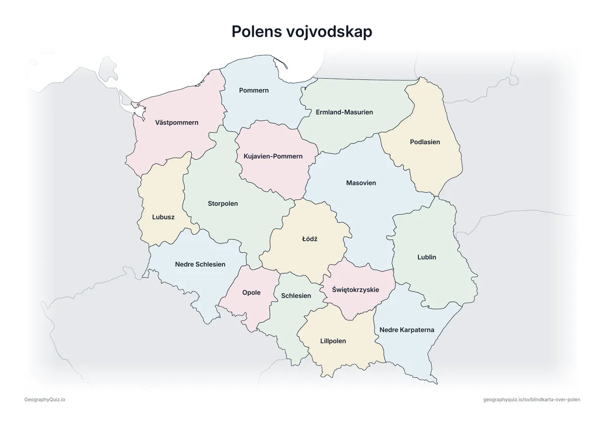 Förhandsvisning av arbetsbladet ”Polens vojvodskap” att skriva ut: En karta över Polen med alla namn utskrivna – ett översiktsblad för lektionen och för att rätta svaren