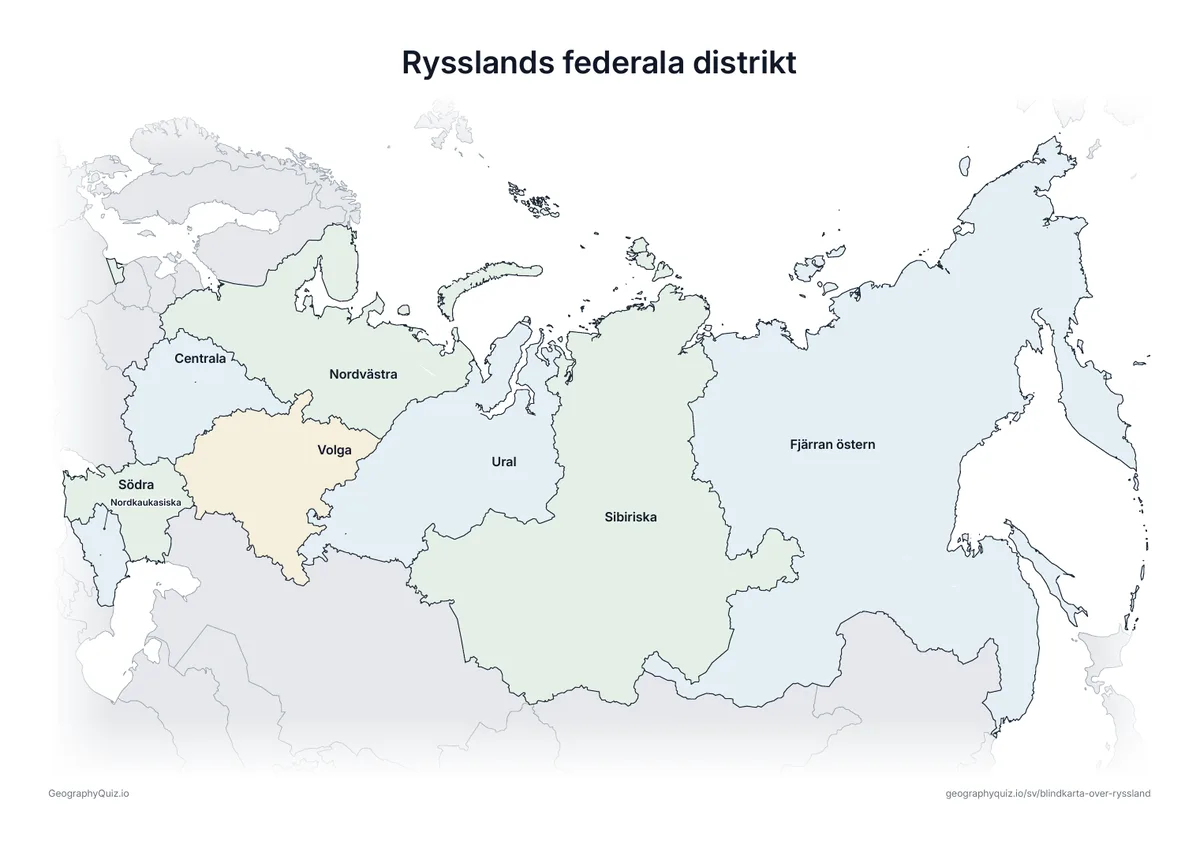 Förhandsvisning av arbetsbladet ”Rysslands federala distrikt” att skriva ut: En karta över Ryssland med alla namn utskrivna – ett översiktsblad för lektionen och för att rätta svaren