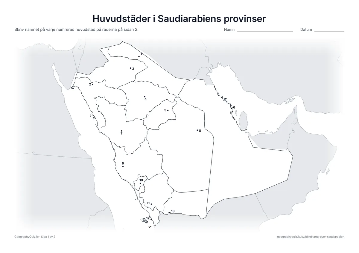 Förhandsvisning av arbetsbladet ”Huvudstäder i Saudiarabiens provinser” att skriva ut: Varje huvudstad är markerad med en numrerad punkt
