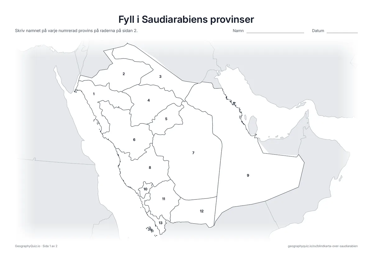Förhandsvisning av arbetsbladet ”Fyll i Saudiarabiens provinser” att skriva ut: Alla 13 provinser är numrerade