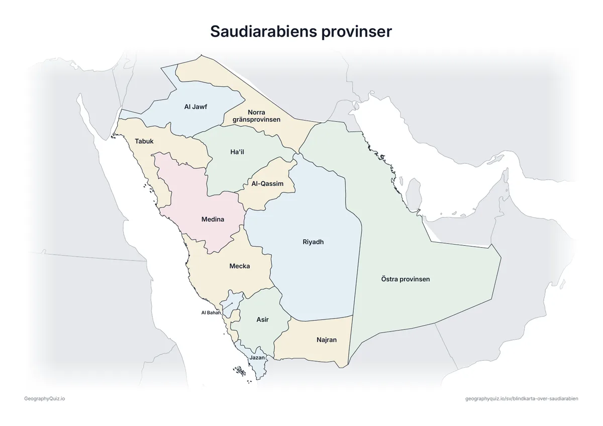 Förhandsvisning av arbetsbladet ”Saudiarabiens provinser” att skriva ut: En karta över Saudiarabien med alla namn utskrivna – ett översiktsblad för lektionen och för att rätta svaren