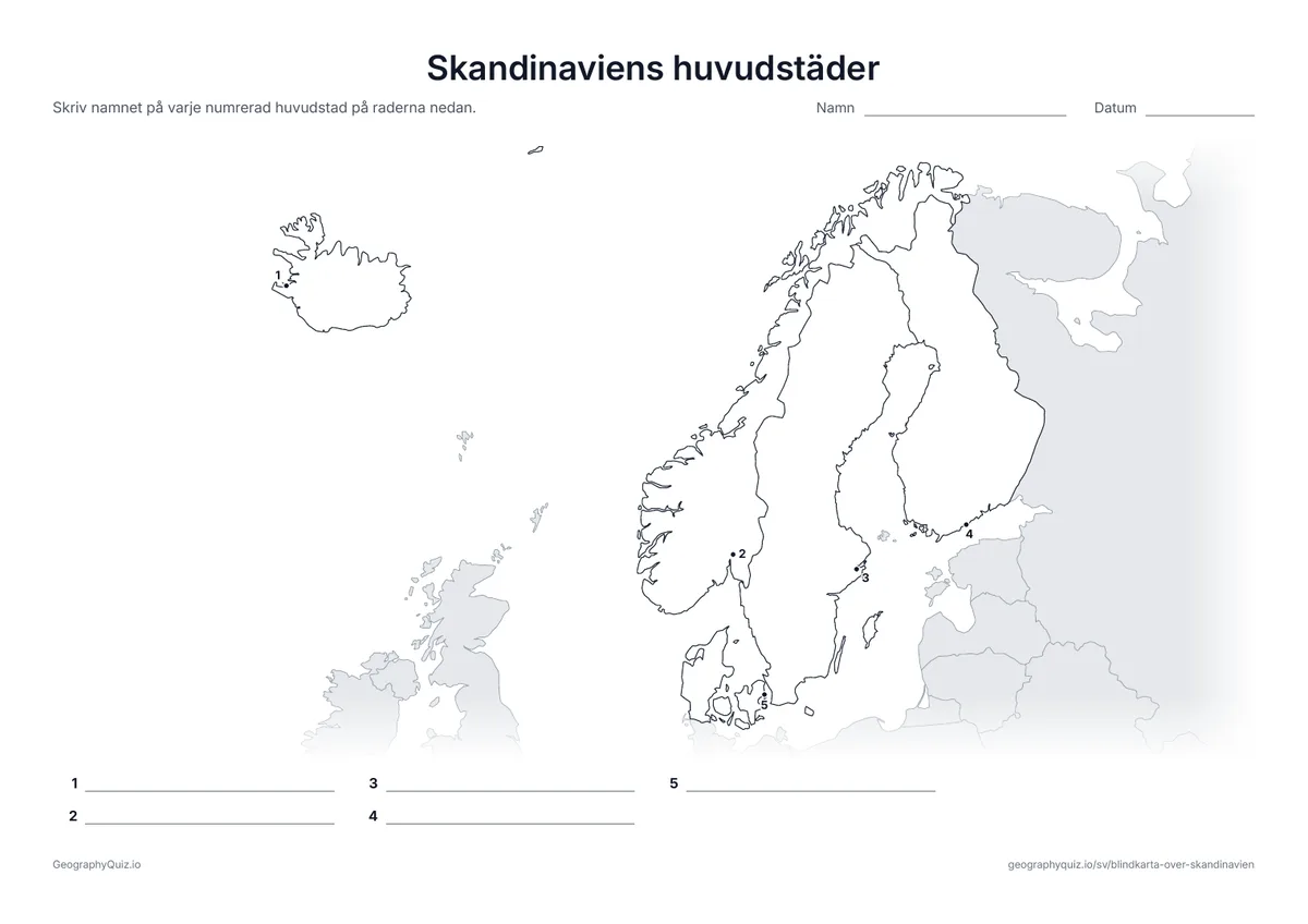 Förhandsvisning av arbetsbladet ”Skandinaviens huvudstäder” att skriva ut: Varje huvudstad är markerad med en numrerad punkt