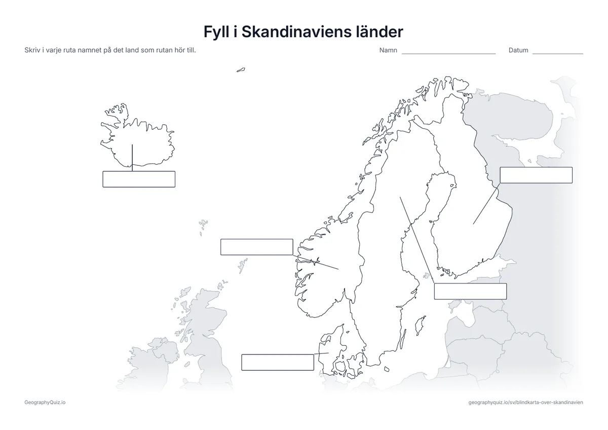 Förhandsvisning av arbetsbladet ”Fyll i Skandinaviens länder” att skriva ut: Alla fem länder är kopplade med ett streck till var sin tom svarsruta, som på bladet ”Fyll i världsdelarna” bland världskartorna