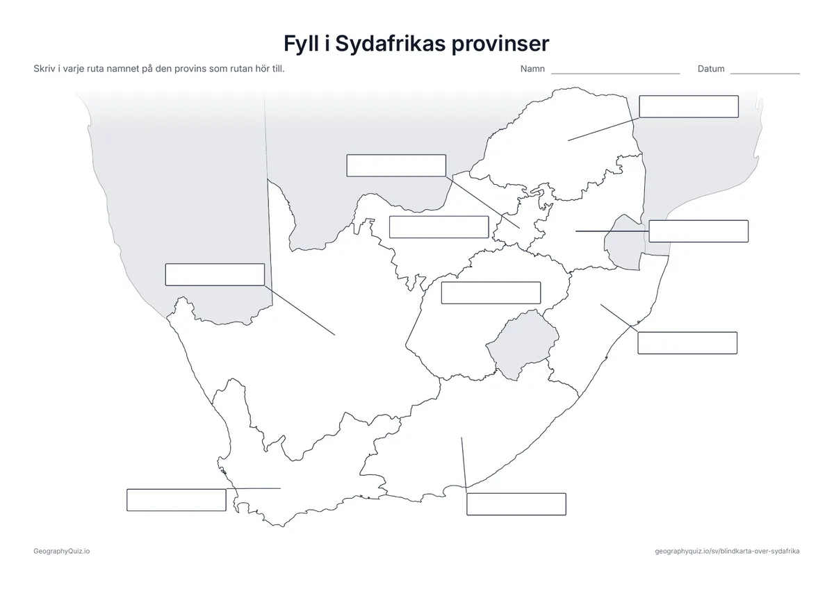 Förhandsvisning av arbetsbladet ”Fyll i Sydafrikas provinser” att skriva ut: Alla nio provinser är kopplade med ett streck till var sin tom svarsruta, som på bladet ”Fyll i världsdelarna” bland världskartorna