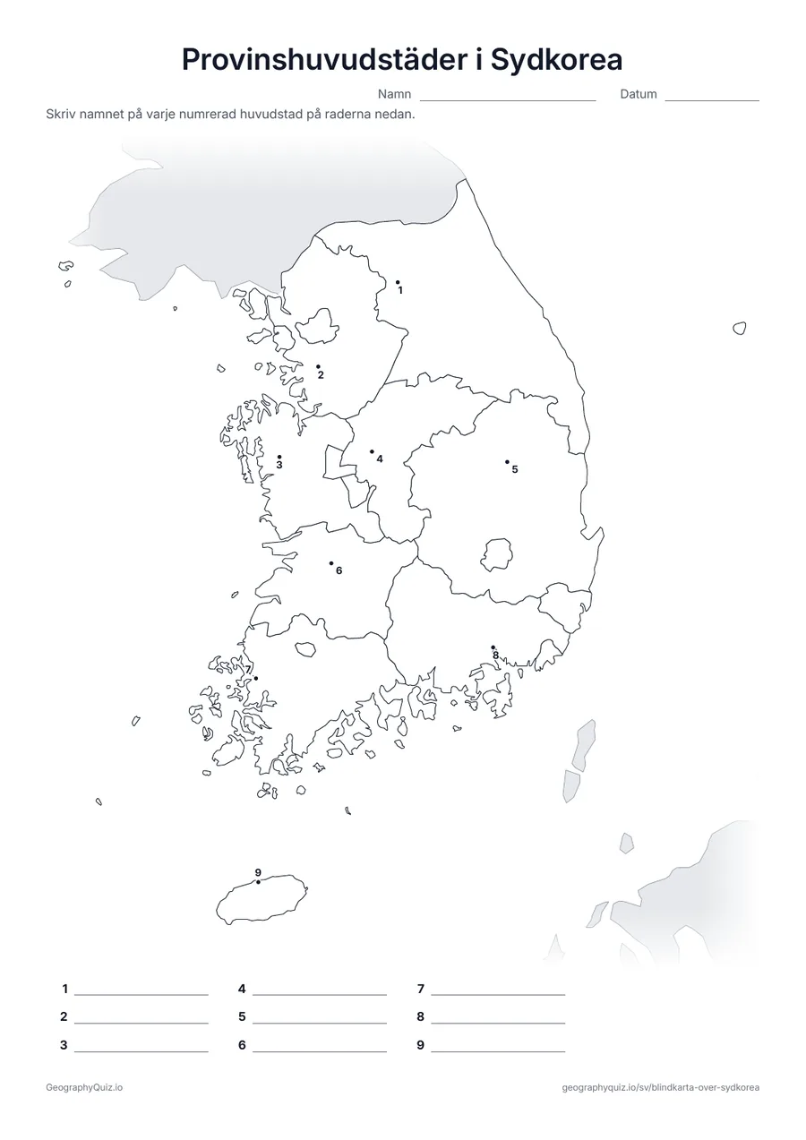 Förhandsvisning av arbetsbladet ”Provinshuvudstäder i Sydkorea” att skriva ut: Huvudstaden i var och en av de nio provinserna är markerad med en numrerad punkt, från Suwon till staden Jeju