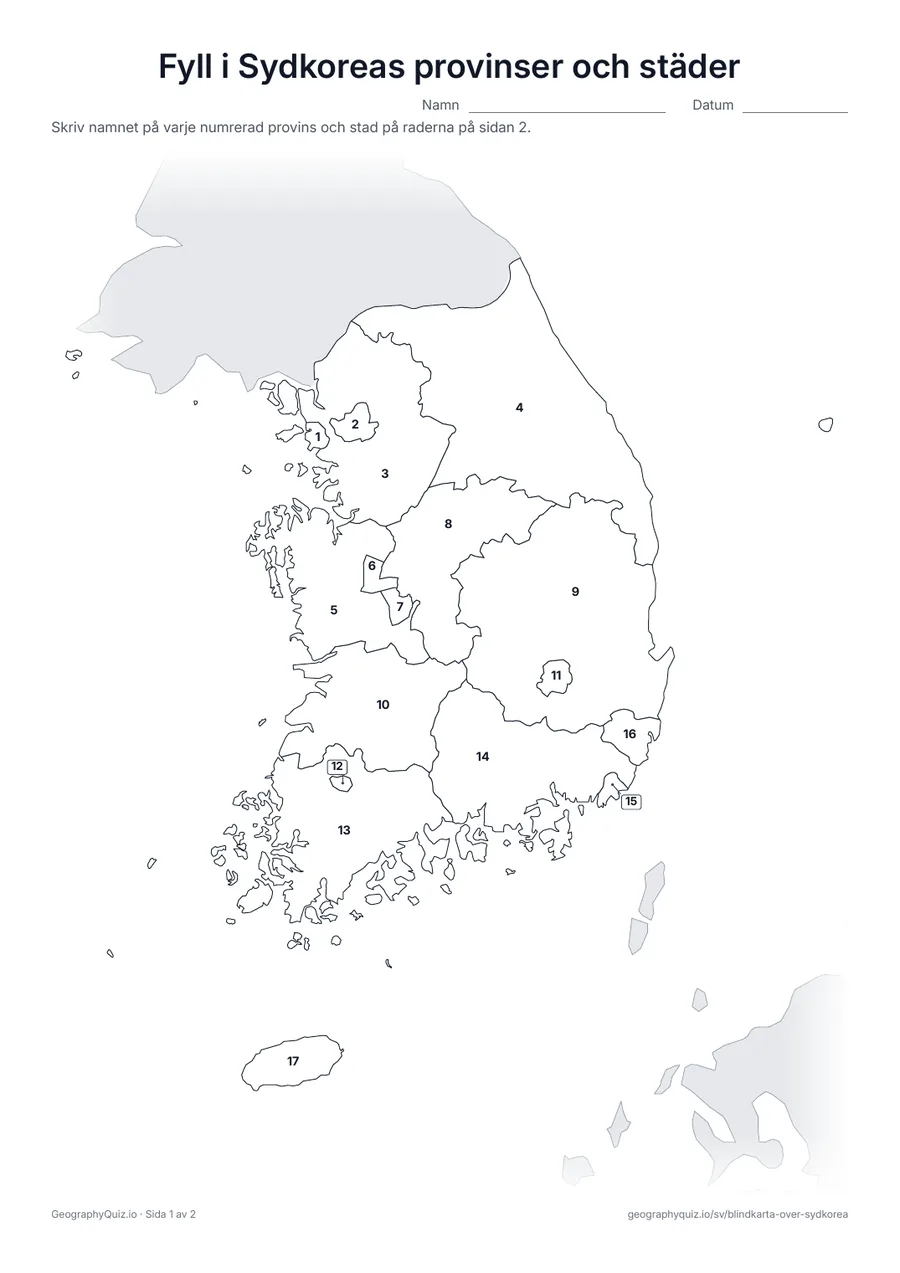 Förhandsvisning av arbetsbladet ”Fyll i Sydkoreas provinser och städer” att skriva ut: Alla 9 provinser och 8 städer är numrerade