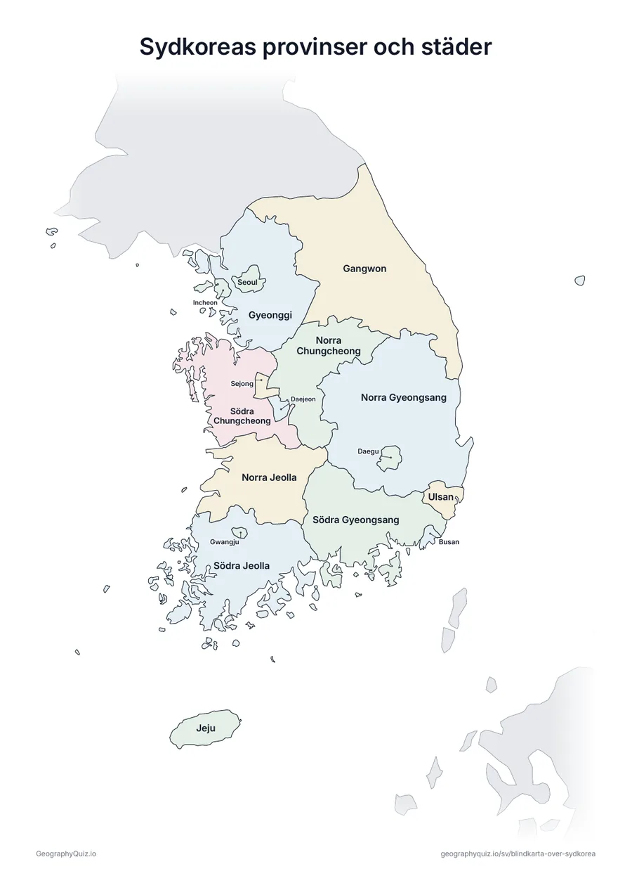 Förhandsvisning av arbetsbladet ”Sydkoreas provinser och städer” att skriva ut: En karta över Sydkorea med alla namn utskrivna – ett översiktsblad för lektionen och för att rätta svaren