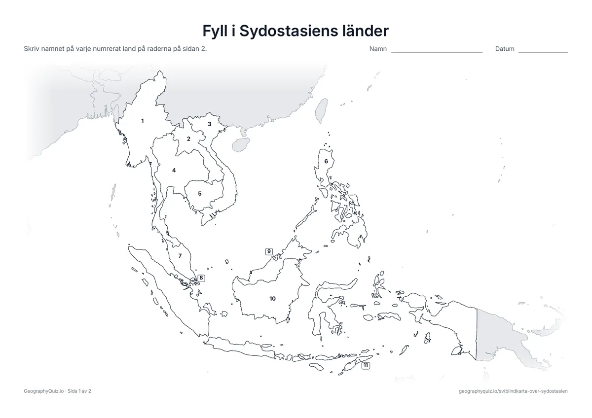 Förhandsvisning av arbetsbladet ”Fyll i Sydostasiens länder” att skriva ut: Alla elva länder är numrerade