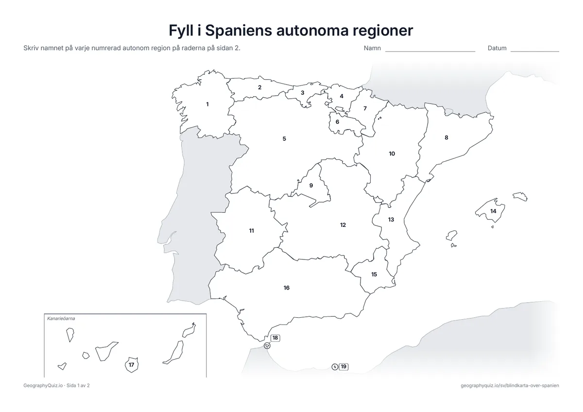 Förhandsvisning av arbetsbladet ”Fyll i Spaniens autonoma regioner” att skriva ut: Alla 17 autonoma regioner och 2 autonoma städer är numrerade