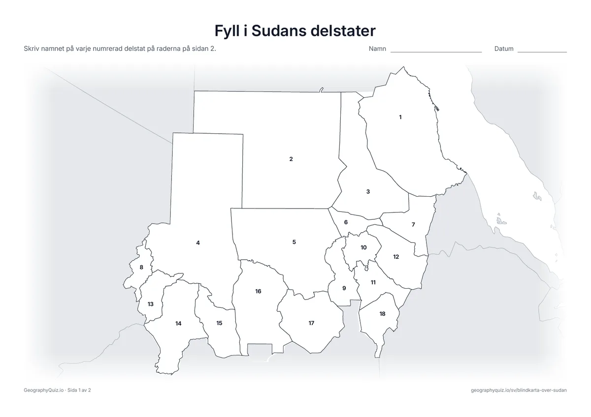 Förhandsvisning av arbetsbladet ”Fyll i Sudans delstater” att skriva ut: Alla 18 delstater är numrerade