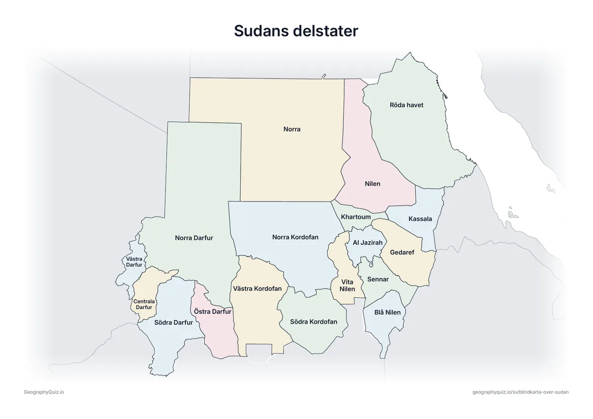 Förhandsvisning av arbetsbladet ”Sudans delstater” att skriva ut: En karta över Sudan med alla namn utskrivna – ett översiktsblad för lektionen och för att rätta svaren