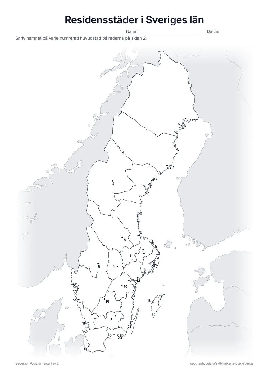 Förhandsvisning av arbetsbladet ”Residensstäder i Sveriges län” att skriva ut: Residensstaden i varje län är markerad med en numrerad punkt