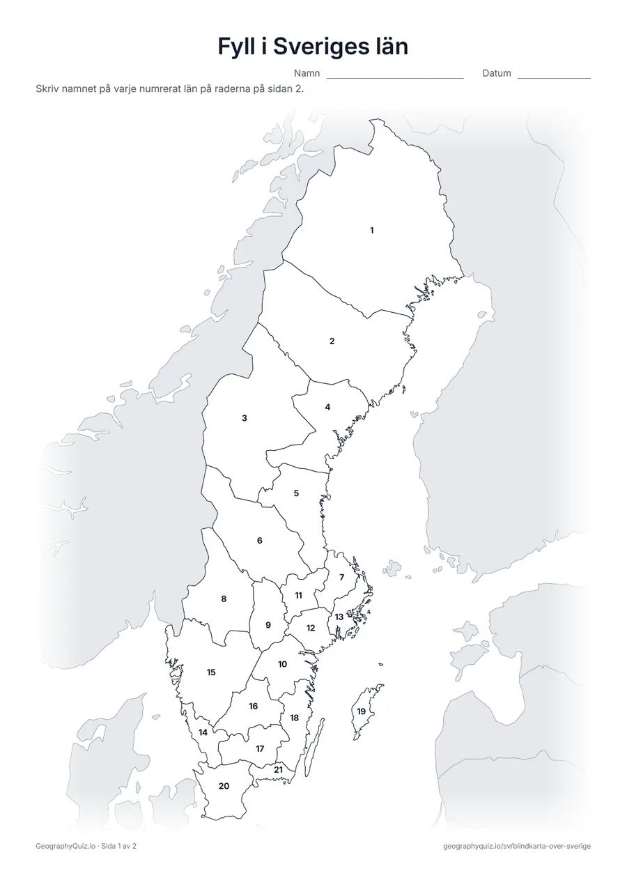 Förhandsvisning av arbetsbladet ”Fyll i Sveriges län” att skriva ut: Alla 21 län är numrerade