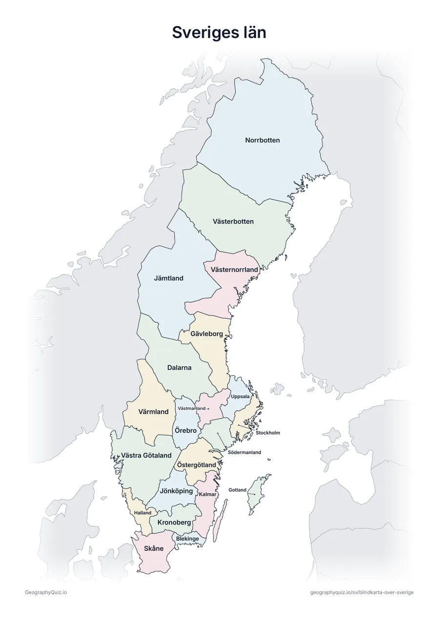 Förhandsvisning av arbetsbladet ”Sveriges län” att skriva ut: En karta över Sverige med alla namn utskrivna – ett översiktsblad för lektionen och för att rätta svaren