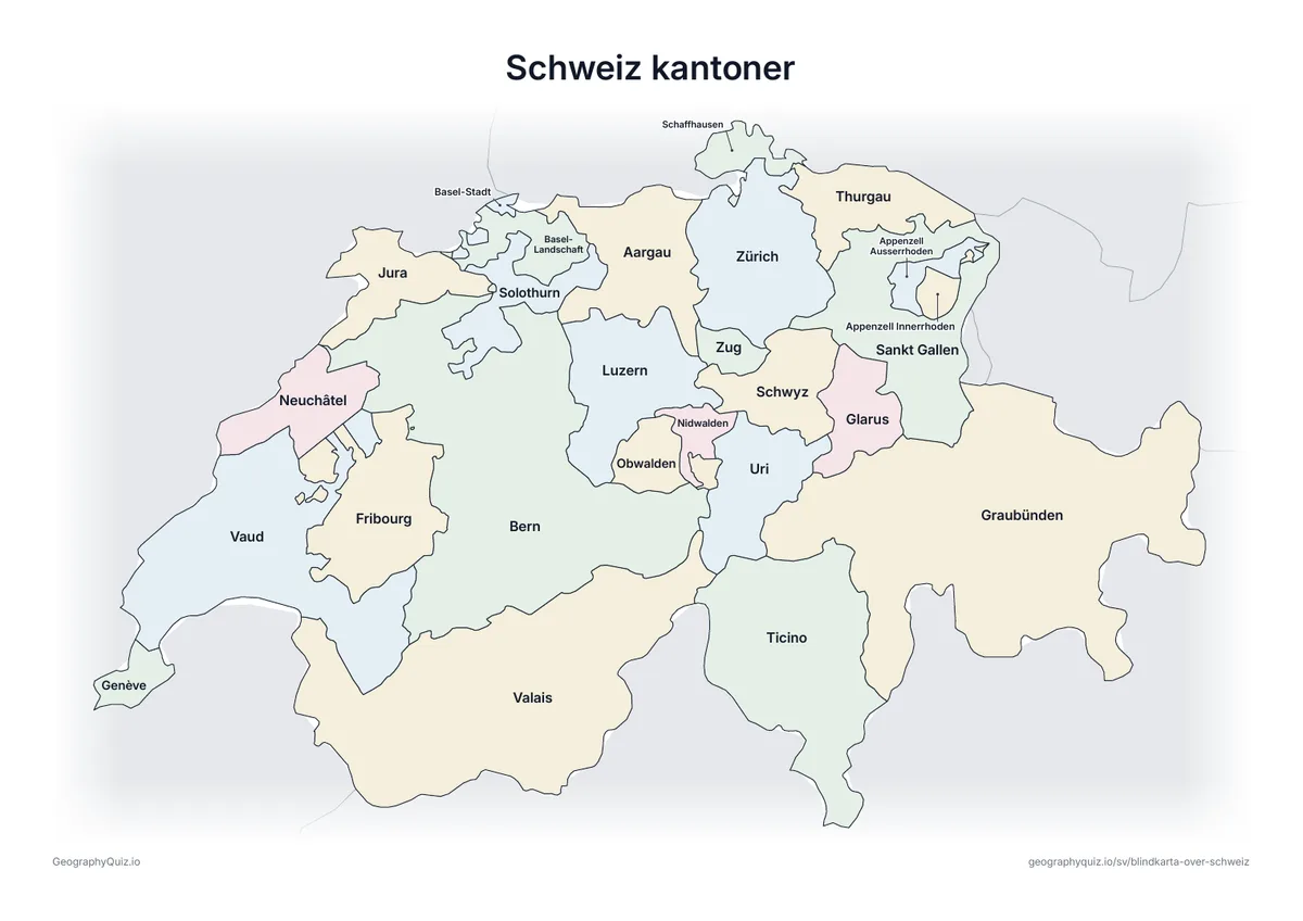 Förhandsvisning av arbetsbladet ”Schweiz kantoner” att skriva ut: En karta över Schweiz med alla namn utskrivna – ett översiktsblad för lektionen och för att rätta svaren