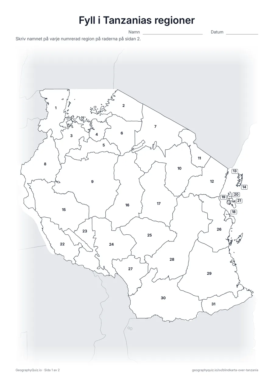 Förhandsvisning av arbetsbladet ”Fyll i Tanzanias regioner” att skriva ut: Alla 31 regioner är numrerade