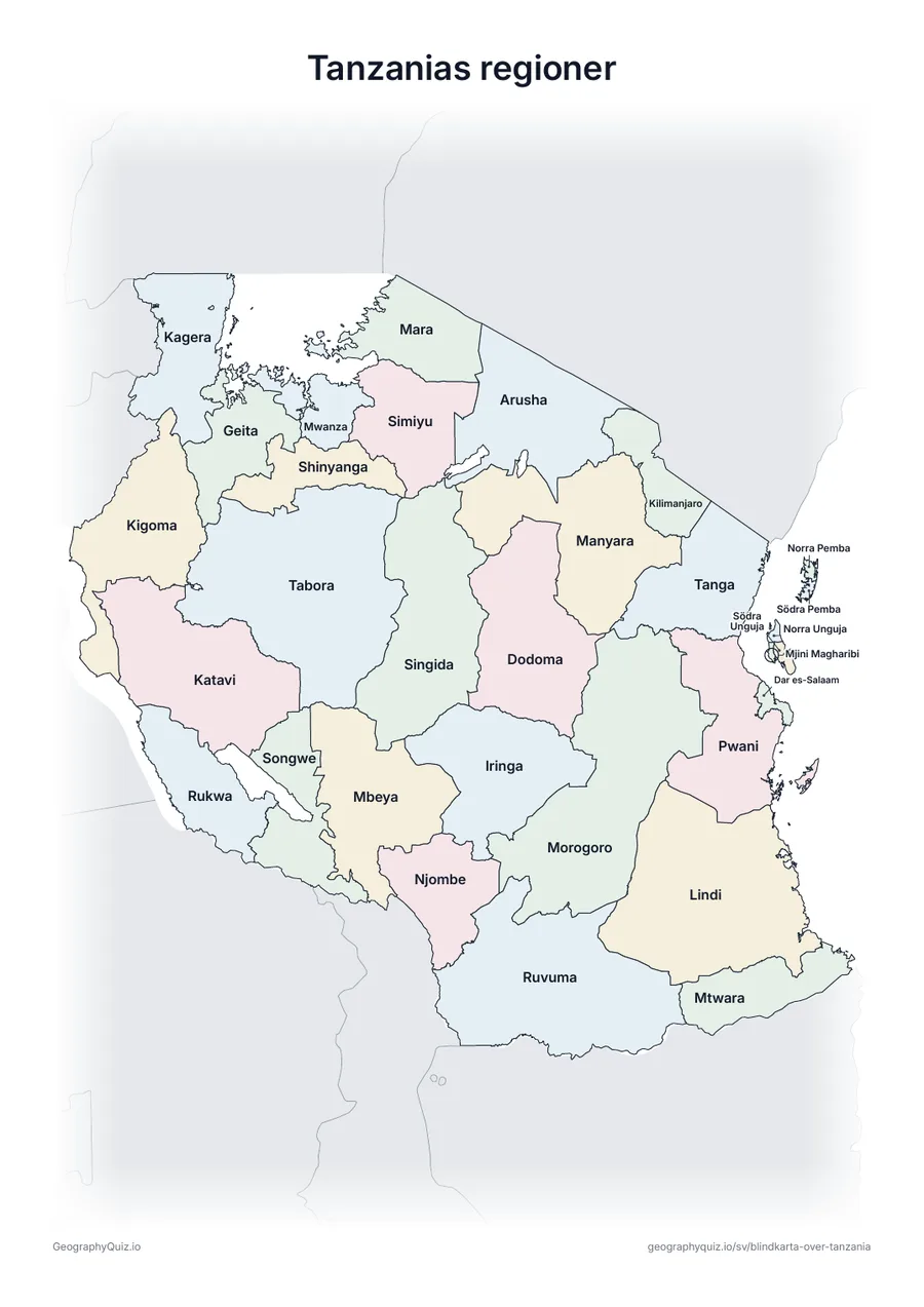 Förhandsvisning av arbetsbladet ”Tanzanias regioner” att skriva ut: En karta över Tanzania med alla namn utskrivna – ett översiktsblad för lektionen och för att rätta svaren