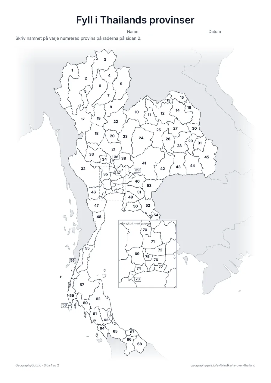 Förhandsvisning av arbetsbladet ”Fyll i Thailands provinser” att skriva ut: Alla 76 provinser och Bangkok är numrerade