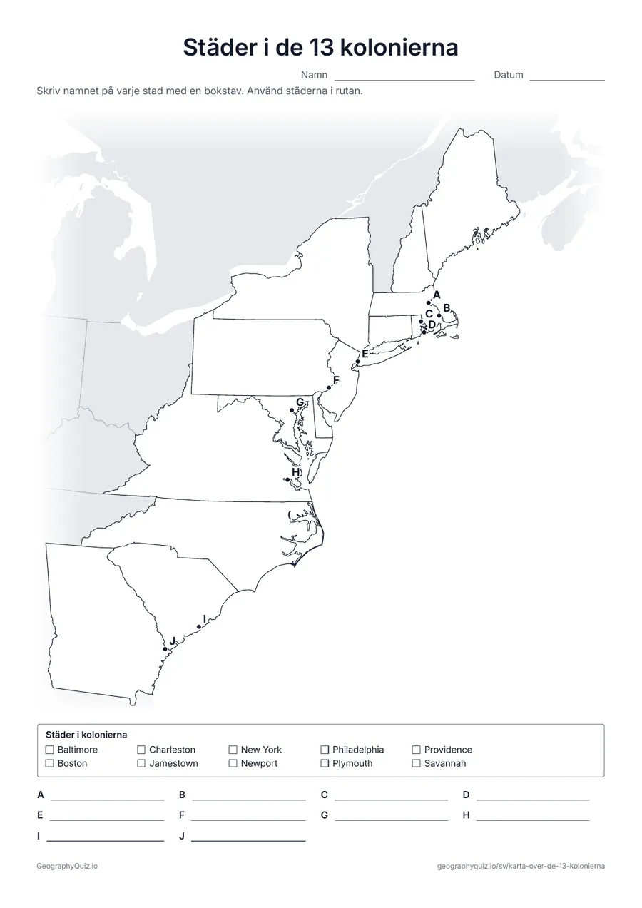 Förhandsvisning av arbetsbladet ”Städer i de 13 kolonierna” att skriva ut: Tio bokstavspunkter markerar Jamestown, Plymouth, Boston, New York, Philadelphia, Charleston och andra kolonialstäder