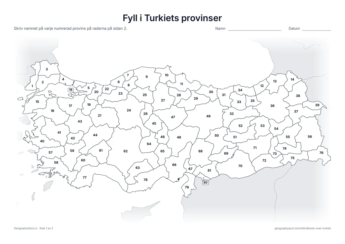 Förhandsvisning av arbetsbladet ”Fyll i Turkiets provinser” att skriva ut: Alla 81 provinser är numrerade