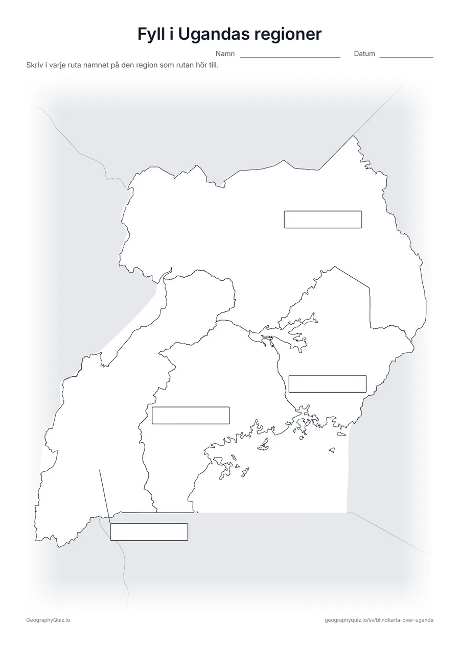 Förhandsvisning av arbetsbladet ”Fyll i Ugandas regioner” att skriva ut: Alla fyra regioner är kopplade med ett streck till var sin tom svarsruta, som på bladet ”Fyll i världsdelarna” bland världskartorna