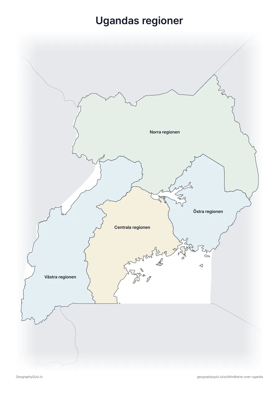 Förhandsvisning av arbetsbladet ”Ugandas regioner” att skriva ut: En karta över Uganda med alla namn utskrivna – ett översiktsblad för lektionen och för att rätta svaren