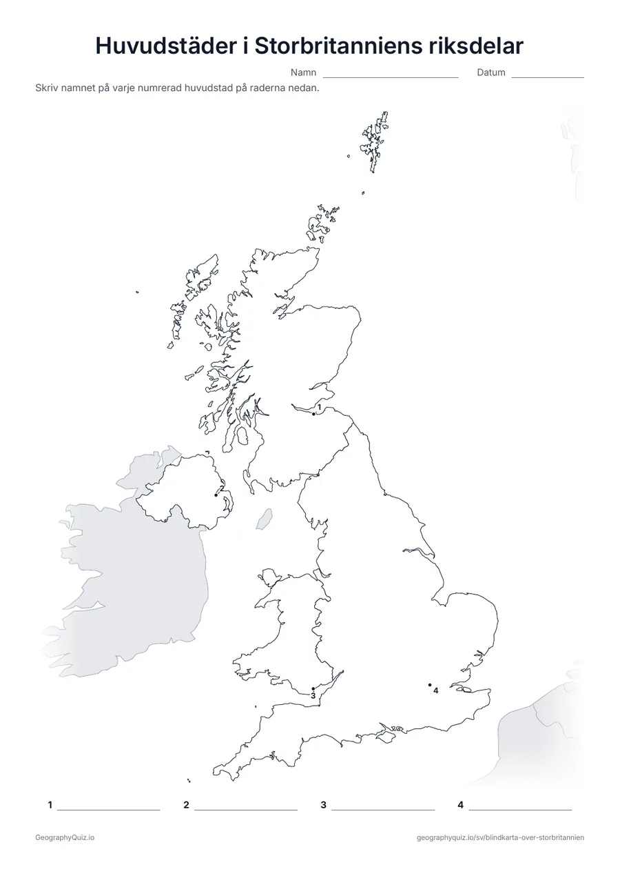 Förhandsvisning av arbetsbladet ”Huvudstäder i Storbritanniens riksdelar” att skriva ut: London, Edinburgh, Cardiff och Belfast är markerade med numrerade punkter