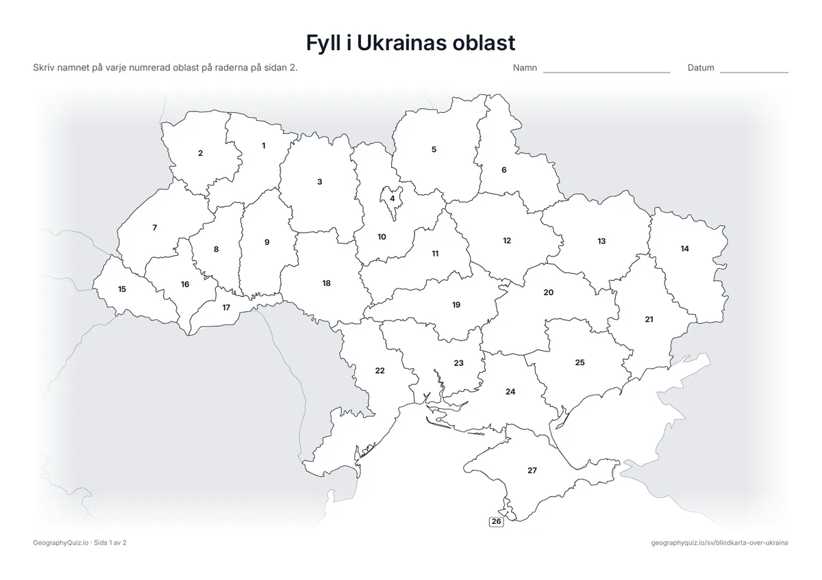 Förhandsvisning av arbetsbladet ”Fyll i Ukrainas oblast” att skriva ut: Alla 24 oblast, Krim, Kyiv och Sevastopol är numrerade