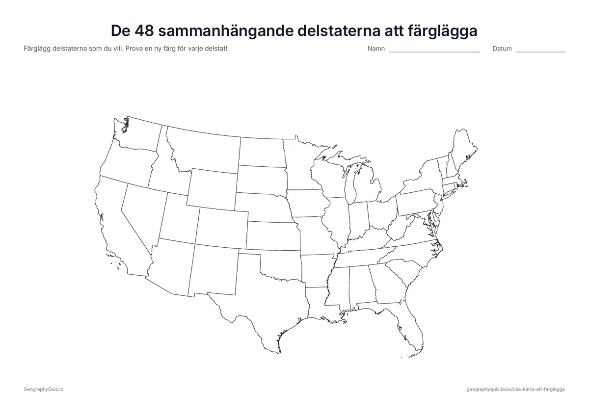 Förhandsvisning av arbetsbladet ”De 48 sammanhängande delstaterna att färglägga” att skriva ut: De 48 sammanhängande delstaterna i stort format, utan Alaska och Hawaii – mer plats att färglägga